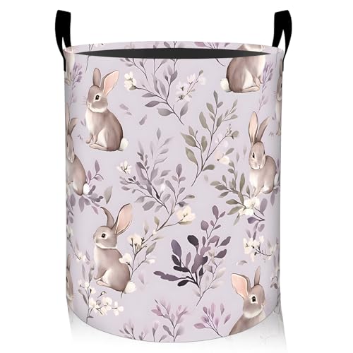 Rabbit Floral Laundry Basket, Oxford Cloth Pastel Cute Dirty Clothes Collapsible Hamper for Room Decor, Bunny and Flower Plant Print Gifts Toy Organizer 19.7*15.7 Inch for Bedroom Bathroom Dorm - style: Rabbit01