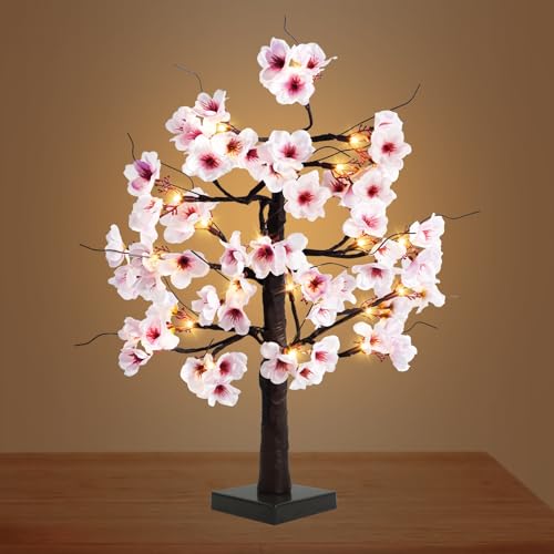 24IN Lighted Cherry Blossom Tree 24 Warm White LED Tabletop Artifical Bonsai Tree with Timer Battery Operated for Wedding Party Spring Christmas Home Indoor Japanese Room Decor - size: 24 INCH