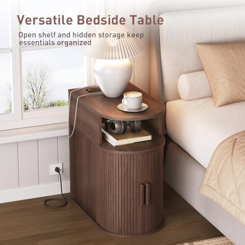 Narrow End Table with Charging Station, Fluted Sofa Side Table with Sliding Curved Door and Storage Shelf, Mid-Century Bedside Table, Modern Nightstand for Living Room, Bedroom, Walnut - color: Walnut