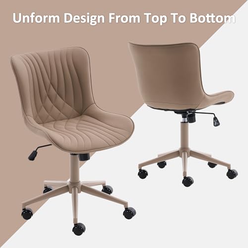 YOUTASTE All Khaki Office Chair, Modern Armless Desk Chair with Back, Adjustable Swivel Rolling Faux Leather Task Chair with Wheels Metal Base for Home Office, Study, or Vanity - color: All Khaki
