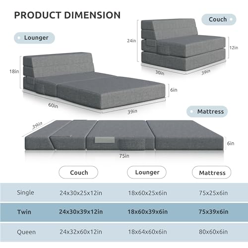 Youzi Foldable Sofa Bed Twin, Sleeper Sofa Bed Couch for Guests, 6 Inches Four-fold Foam Folding Chair for Home and Livingroom, Washable Cover, Dark Gray, 75" x 39" x 6" - size: Twin