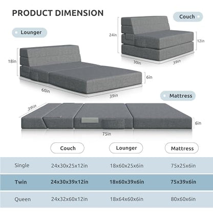 Youzi Foldable Sofa Bed Twin, Sleeper Sofa Bed Couch for Guests, 6 Inches Four-fold Foam Folding Chair for Home and Livingroom, Washable Cover, Dark Gray, 75" x 39" x 6" - size: Twin