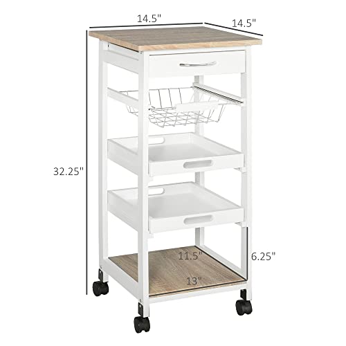 HOMCOM Mobile Kitchen Cart with Storage Solid Wood Frame Utility Cart White | Rolling Kitchen Island, Wire Fruit Baskets, Trays, Drawer - color: White