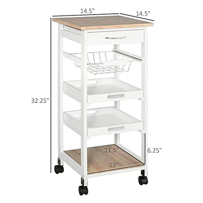 HOMCOM Mobile Kitchen Cart with Storage Solid Wood Frame Utility Cart White | Rolling Kitchen Island, Wire Fruit Baskets, Trays, Drawer - color: White