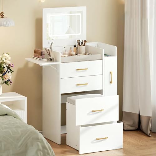 Herture 3 in 1 Vanity Desk with Flip Top Mirror, Comapct Vanity | Small Vanity with Lights,Outlets,Side Cabinet,Collapsible Desk Panel,Storage Hidden Stool,Makeup Vanity Table White PT01DTW - color: White