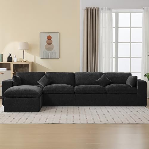 146''Cloud Boneless Sectional Couch, Modular Sectional Sofa Deep Seat with Ottoman, Oversized Upholstered Convertible Comfy 5 Seater Chenille Sofa L Shape Couches for Living Room, Dark - color: Dark, size: 146"/4 Seater+1 Ottoman