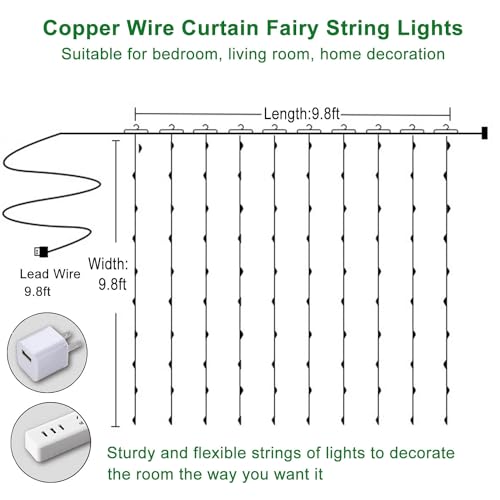 300 LED Curtain String Lights, Fairy String Lights with 8 Light Modes & Remote Controlled, 9.8x9.8ft Indoor Outdoor String Lights for Christmas, Weddings, Party, Bedroom, Wall, Window (Warm white) - color: Copper Wire-Warm white