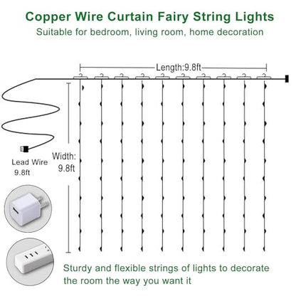 300 LED Curtain String Lights, Fairy String Lights with 8 Light Modes & Remote Controlled, 9.8x9.8ft Indoor Outdoor String Lights for Christmas, Weddings, Party, Bedroom, Wall, Window (Warm white) - color: Copper Wire-Warm white
