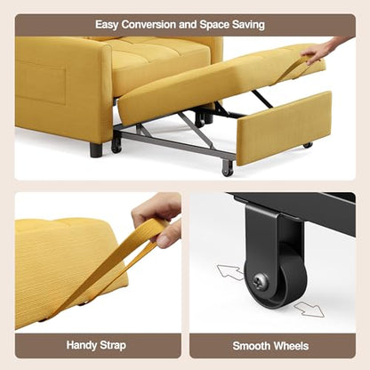 Convertible Sleeper Chair Sofa Bed, Adjustable Backrest, Yellow | 3 in 1 Chair Bed, Adjustable Backrest, Storage Pocket, Compact Fit for Living Rooms, Apartments, Guest rooms - color: Yellow