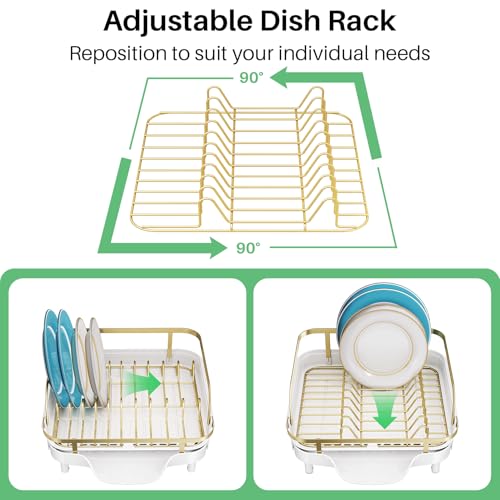 SNTD Expandable Dish Drying Rack for Kitchen Counter, 15.2-22.1 in, Gold | Rust-Resistant Stainless Steel, Protective Side Rails, Self-Draining Drainboard, Removable Utensil Holder - color: Gold