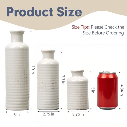 White Ceramic Vase Set of 3, Rustic Vase for Farmhouse Shelves Waterproof | Farmhouse Vases for Pampas Grass & Dried Flowers, Rustic Vase for Table Bookshelf, Living Room - color: 3pcs-crack White