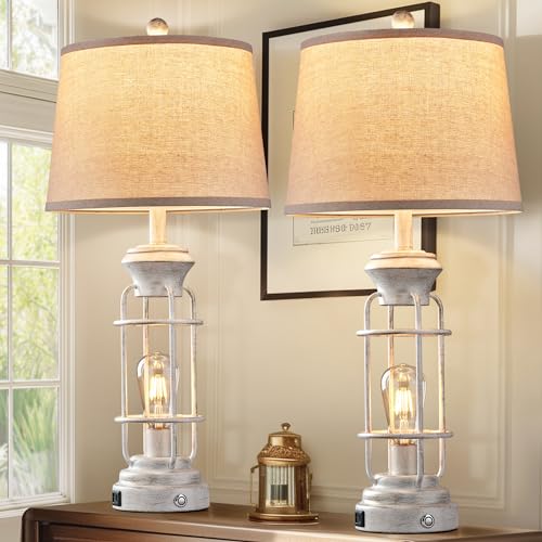 Reaketon 28" Farmhouse Table Lamp Set of 2 with USB Charging Ports, Tall Table Lamp for Living Room,3-Way Dimmable Lamps for Bedroom, Rustic Bedside Lamp, Industrial Nightstand Lamps,Bulbs Included - color: Retro White