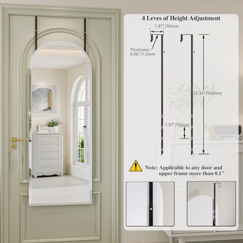 Over the Door Mirror Full Length, 56x21 Inch Frameless Door Mirror | 2 Hooks, frameless, full length, 20mm beveled edge, 5mm HD glass, rectangle, anti-rust, for bedroom/entryway/cloakroom - size: 56"L x 21"W