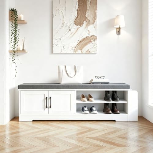 Farmhouse Shoe Storage Bench with 3-in-1 Entryway Storage & Padded Seat | 47.3" Wide Entryway Bench with Adjustable Shelves, Shoe Organizer & Side Storage Rack for Living Room, Bedroom, White - size: 47.3" Wide