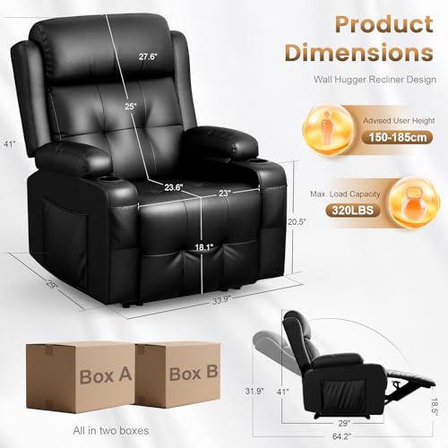 Home Theater Seating, Power Recliner Sofa Single Chair with Massage & Heat | Wall Hugger Reclining Single Chairs with USB, RV Furniture with LED Lights, Cup Holders for Movie Theater, Gaming Room - color: Black, size: 34" - 1 Seat