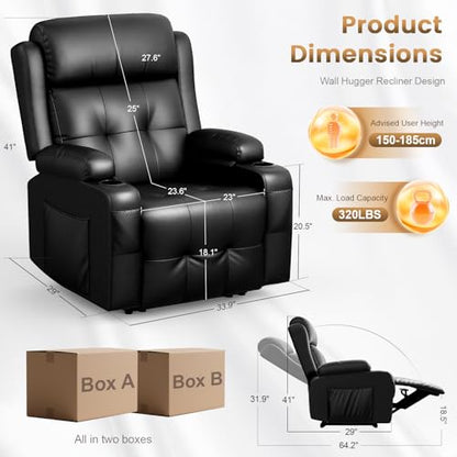 Home Theater Seating, Power Recliner Sofa Single Chair with Massage & Heat | Wall Hugger Reclining Single Chairs with USB, RV Furniture with LED Lights, Cup Holders for Movie Theater, Gaming Room - color: Black, size: 34" - 1 Seat