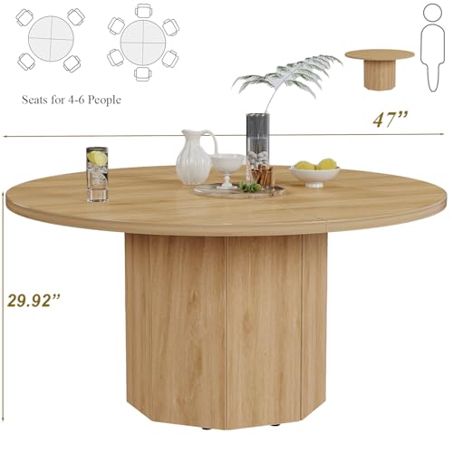HSH 47 Inch Light Oak Round Dining Table, Modern Wood Table for 4-6 People | Farmhouse Circle Kitchen Table for Home Living Room, Wood and Metal Dining Room Desk with Octagon Base - color: Light Oak