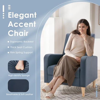 COLAMY Mid-Century Modern Accent Chair, Faux Leather Upholstered Living Room Chair with Back Pillow & Solid Wood Legs, Comfy Armchair for Living Room, Bedroom, Single Sofa, Dark Blue - color: Dark Blue, size: Set of 1