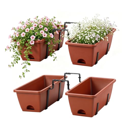 Deck Railing Planter Adjustable Window Box Set of 2 Outdoor Balcony Herb Planter Boxes with Window Plant Hanger, 17 Inch Plastic Hanging Flower Basket Planting Pots for Porch Fence Patio Decor, Red - color: Red