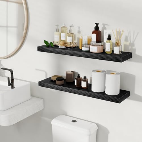 Fun Memories Floating Shelves for Wall, 30 Inch Set of 2 Rustic Wood Wall Shelves with Invisible Brackets, Heavy Duty Storage Display for Living Room Bedroom Kitchen, Black - color: Black, size: 30"W x 6.5"D, Set of 2
