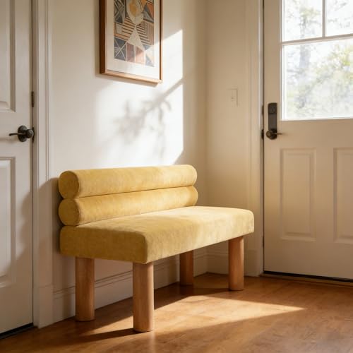 GDFStudio Upholstered Boucle Dining Bench with Backrest Farmhouse Entryway Bench with Rubber Wood Legs Long Indoor Bench for Bedroom Living Room End of Bed Dining Room Seating, Yellow - color: Yellow