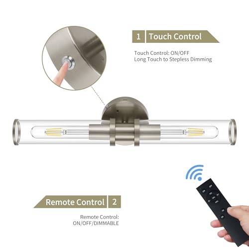 Rayogale Nickel Wireless Battery Operated Wall Sconces with Remote Control | Glass Rechargeable Wall Lights Set of 2 with Timer Function Dimmable for Living Room Bedroom Emergency 3000K, 20.5 Inch - color: Nickel(Clear Tubular Lampshade)