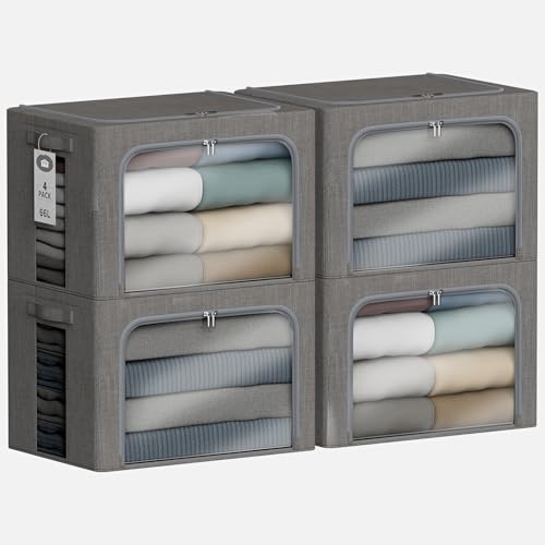 4 Pack Clothes Storage Bins with Metal Frame - 66L Stackable Storage Box with Lid，Foldable Storage Container Organizer for Clothes，Linen Fabric Storage Box with Clear Window＆Zippers＆Handles - color: Grey, size: 66L