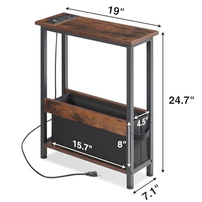 Slim Charging End Table with Storage - For Small Spaces and Bedroom - color: Rustic Brown