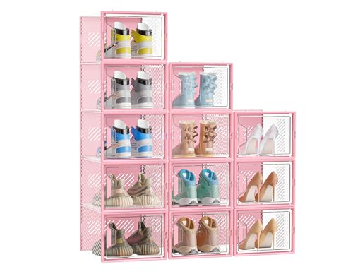 SIMPDIY XL Clear Shoe Storage Boxes, Stackable Shoe Organizer for Closet | 12 Pack, for Size 13, Magnetic Door, Aromatherapy Stick, Plastic, Shoe Rack for Closet, Entryways, Under-bed Storage - color: Pink
