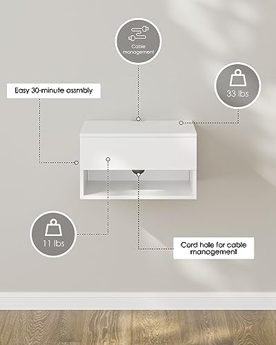 Modern White Floating Nightstand with Drawer, Small Wall Mount Shelves | Small Space Saver, Modern Minimalist Design, Wall Mounted Shelves, for Bedroom, Bathroom, Living room, Easy Assembly, White - color: White