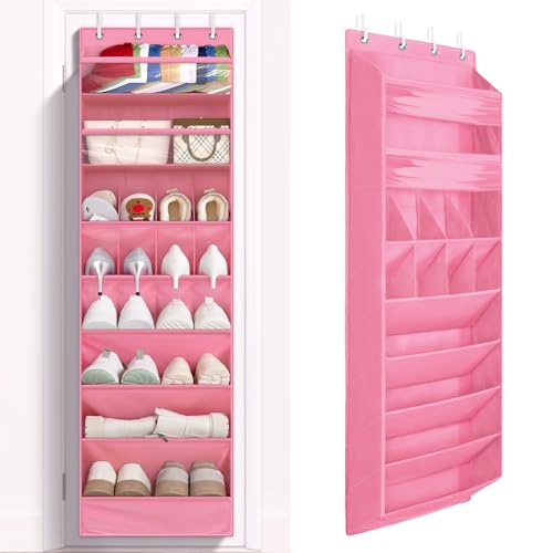 1 Pack 8 Shelves Over The Door Shoe Organizer, 68" Exlarge Deep Pockets | Hanging Shoe Organizer, Shoe Rack for Closet, Shoe Holder for Boots, Sneakers, Heels, Over Door Organizer in Home, Dorm, Pink - color: PINK, size: 25+ Pairs