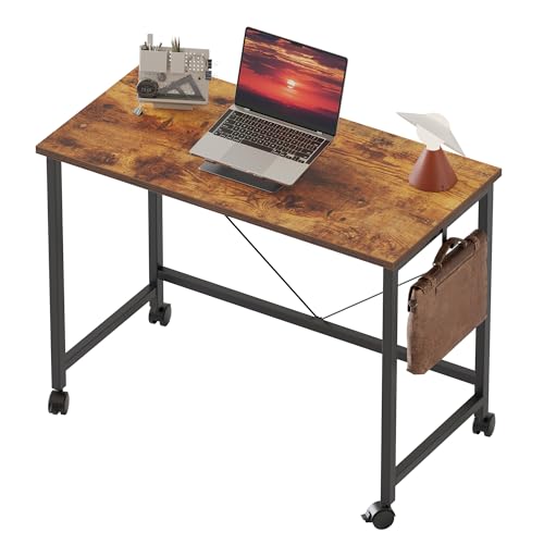 32x16 Inch Computer Desk with Wheels, Small Simple Rolling Desk | Writing Table for Home Office Bedroom Work Study, Brown - color: Dark Brown, size: 32"x15.8"