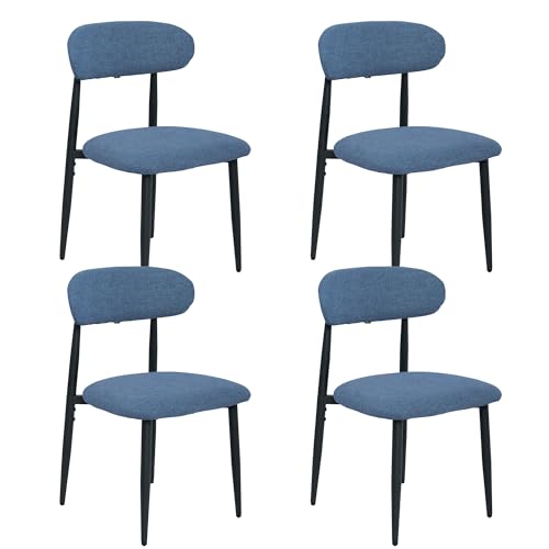 FREKEN Modern Upholstered Dining Chairs Set of 4, Mid-Century Metal Frame Linen Fabric Side Chair for Kitchen Dining Room, 350lbs Capacity, Blue - color: Blue - Black Legs, size: Set of 4