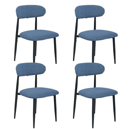 FREKEN Modern Upholstered Dining Chairs Set of 4, Mid-Century Metal Frame Linen Fabric Side Chair for Kitchen Dining Room, 350lbs Capacity, Blue - color: Blue - Black Legs, size: Set of 4