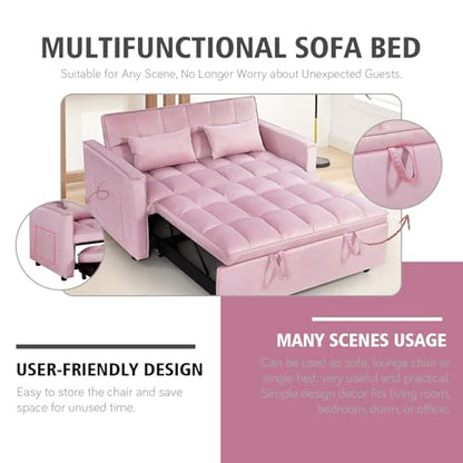 3 In 1 Velvet Convertible Sofa Bed, Pull Out Couch Bed with Reclining Backrest And 2 Pillows, 54" Full Size Loveseat Sleeper Sofa Futon Couch Beds, Couches For Small Spaces, Living Room (Pink) - color: Pink