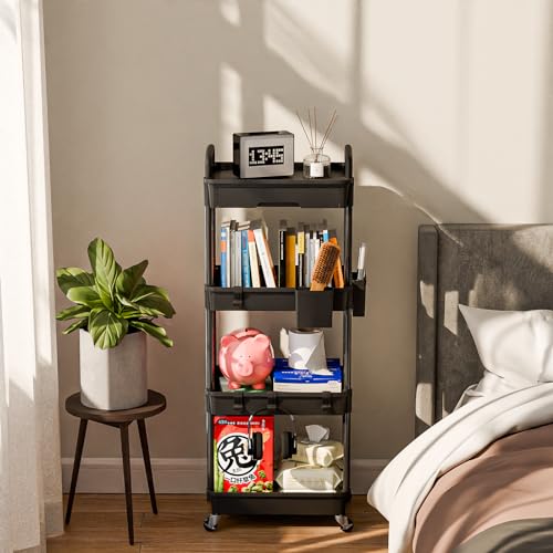 Sorgion 4 Tier Rolling Cart Organizer,Art Craft Diaper Bedside Snack Laundry Room Bathroom Organizer Narrow Thin Slim Rolling Trolley Utility Cart with Wheels for Kitchen,Office(Black) - size: 4Tier-Black