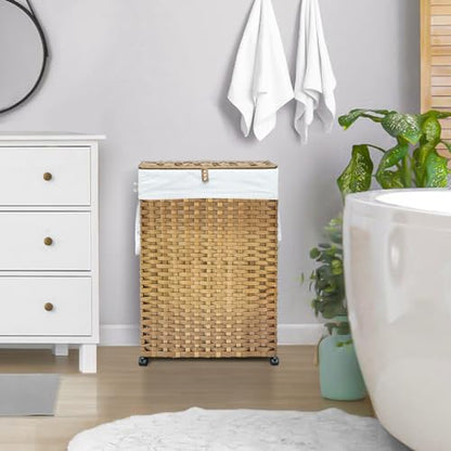 70L Slim Laundry Hamper with Lid & Wheels, 2-Park Rolling Laundry Basket with 4 Removable Liner Bags & 3 Mesh Bags, Narrow Dirty Clothes Basket, Foldable Handwoven Rattan Laundry Sorter, Natural - color: Natural