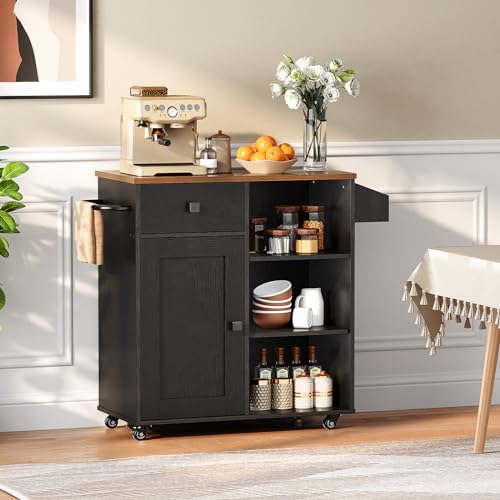 HOOBRO Kitchen Island, Storage Cabinet with Drawer, Kitchen Cart with Spice and Towel Rack, Saving Space, Easy Assembly, for Living Room, Rustic Brown and Black FB12ZD01 - color: Rustic Brown + Black