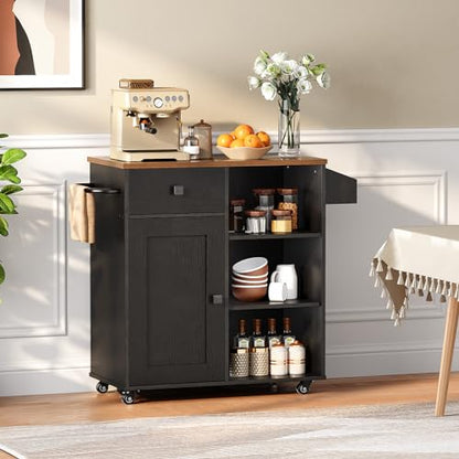 HOOBRO Kitchen Island, Storage Cabinet with Drawer, Kitchen Cart with Spice and Towel Rack, Saving Space, Easy Assembly, for Living Room, Rustic Brown and Black FB12ZD01 - color: Rustic Brown + Black