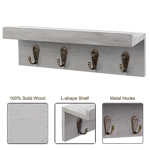 HRONRAD Rustic Key Holder for Wall, Farmhouse Wall Shelf with 4 Hooks, Wall Mounted Key Racks, Wooden Mail Organizer with Hooks for Entryway (Grey) - color: Gray
