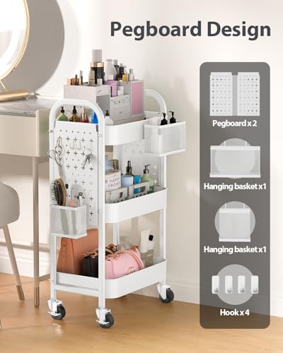 ALVOROG 3 Tier Metal Rolling Utility Cart with Pegboards,Baskets,Hook,White | More Storage Craft Cart with Pegboards,Lockable Wheels,Hooks & Baskets to Organize Kitchen,Office,Bedroom and DIY Supplies - color: White