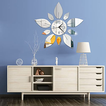 Acrylic Flower Mirror Wall Stickers, Silent DIY Wall Clock Decals | Self-Adhesive Crystal Decals, Silent Quartz Clock, Silver Petal Combo Decor For Home Apartment Office Wall Art
