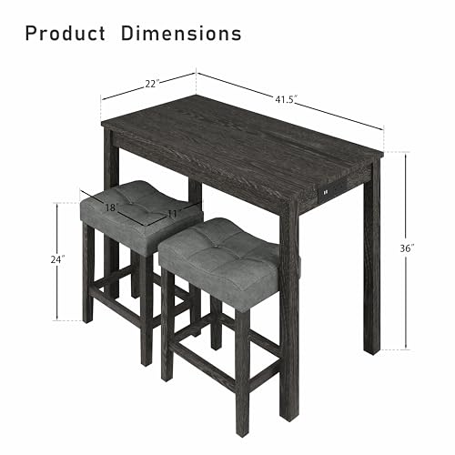 allamazing 3-Piece Counter Height Bar Table Set with Socket and 2 Fabric Padded Bar Stools, Tall Kitchen Breakfast Dining Table Set with Stools (1+2 Black) - color: 1+2 Black