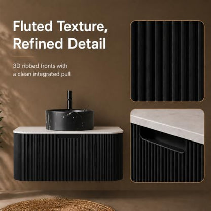 36" Floating Bathroom Vanity with Sink, Wall Mounted Plywood Cabinet, Black Fluted Front, Sintered Stone Countertop, Black Marble-Look Round Ceramic Vessel Sink, Soft-Close Drawer, Pre-Assembled - color: Black Cabinet / Black Marble Sink, size: 36 Inch