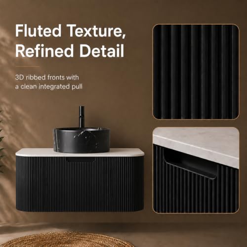 30" Floating Bathroom Vanity with Sink, Wall Mounted Plywood Cabinet, Black Fluted Front, Sintered Stone Countertop, Black Marble-Look Round Ceramic Vessel Sink, Soft-Close Drawer, Pre-Assembled - color: Black Cabinet / Black Marble Sink, size: 30 Inch