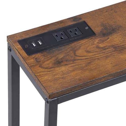 Nouva 70 Inch Narrow Console Table with Outlet, Sofa Table with Charging Station, Behind Couch Table with Metal Frame for Living Room, Rustic Brown
