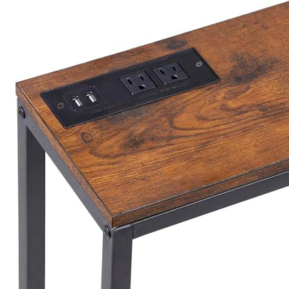Nouva 70 Inch Narrow Console Table with Outlet, Sofa Table with Charging Station, Behind Couch Table with Metal Frame for Living Room, Rustic Brown