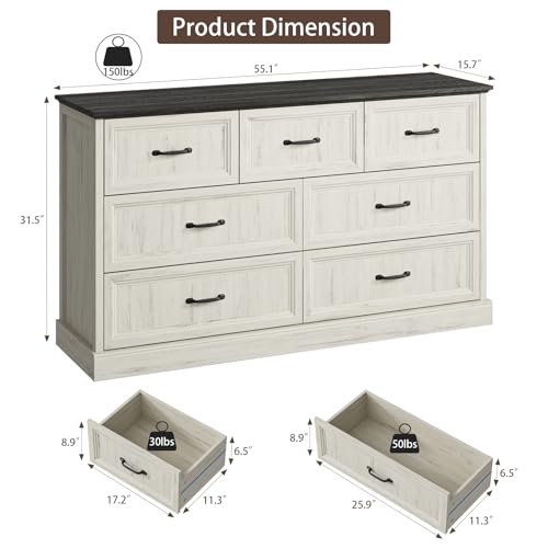 Farmhouse 7 Drawer Dresser for Bedroom, 55" White Dresser with TV Stand | Wide Dresser with Large Drawers & Bar Handles, Rustic Wood Chest of Drawers for Living Room, Hallway, Entryway. - color: White, size: 16"D x 55"W x 31"H (7 Drawers)