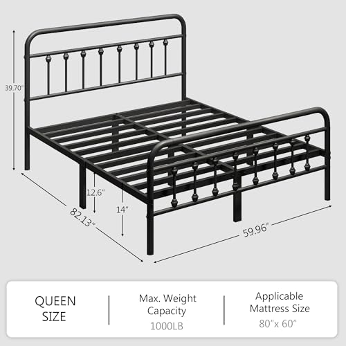 zunatu Queen Size Metal Bed Frame with Victorian Style Headboard and Footboard, Steel Slat Support Platform Bed, No Box Spring Needed, Under Bed Storage, Easy Assembly, Black - size: Queen Size