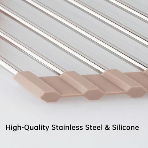 Tomorotec Triangle Roll Up Dish Drying Rack 304 Stainless Steel Beige | BPA-Free Food-Grade Silicone Edges Foldable Waterproof Rustproof Heavy-Duty Space Saver Heat Resistant to 550°F - color: Light Coffee Color